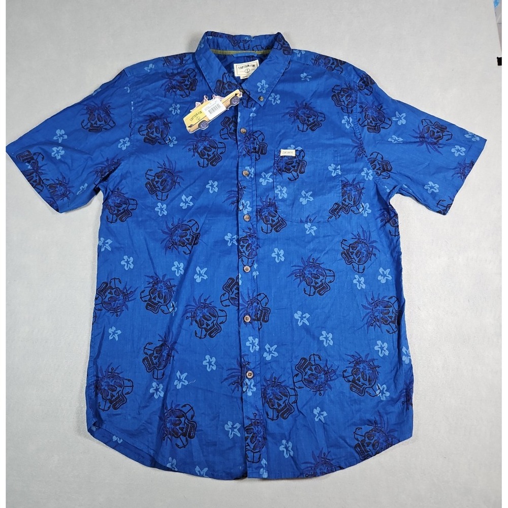 Captain Fin Mens Blue Skull Print Button Up Shirt Size Large NWT